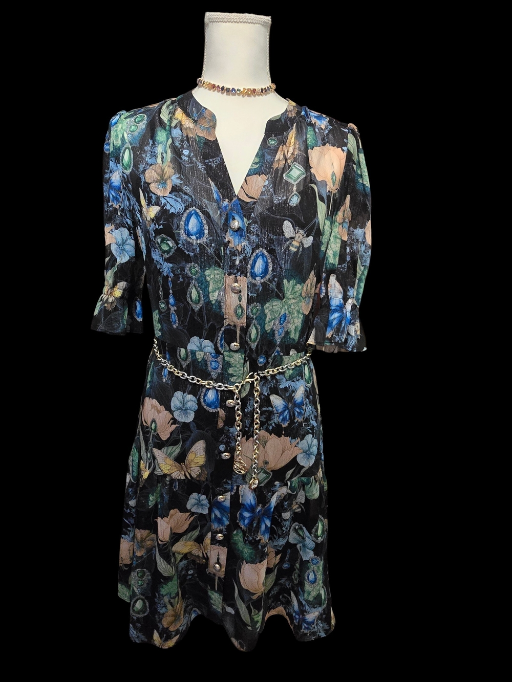 Karl Lagerfeld Black Floral & Blue Sheer Midi Dress with Gold Chain
